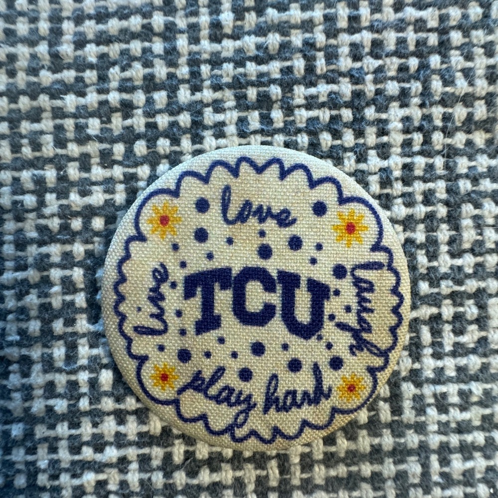 TCU Horned Frogs Live Love Laugh Fabric Covered Button Pin Purple Cream 2.25in
